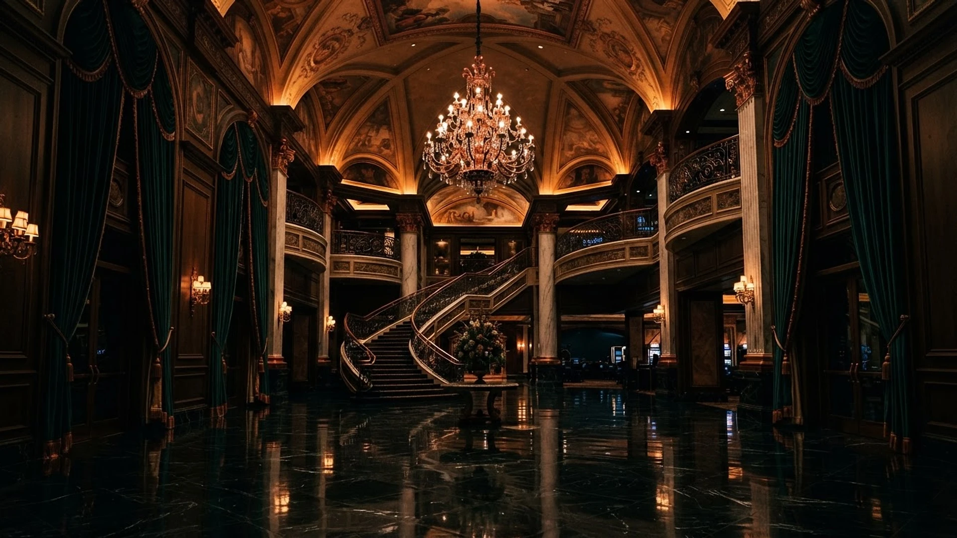 The grand casino hotel lobby atrium of Ravelozylos Hotel at night